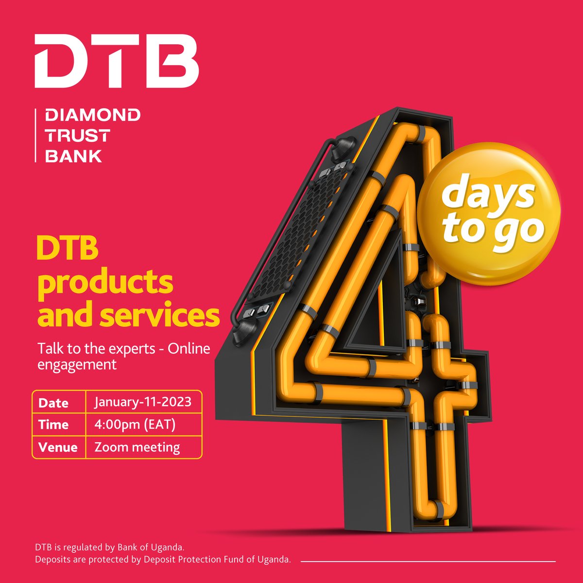 dtb_uganda's tweet photo. 4 days to go!
All your questions about DTB products & services to be answered in this webinar on 11th January 2023 at 4pm.
Meeting ID: 685 392 4784
Passcode: DTB
Drop your questions about DTB Internet & Mobile banking in the comment section or inbox. #DTBTalks #BankWithUsBankOnUs https://t.co/gd9lg8GNTj