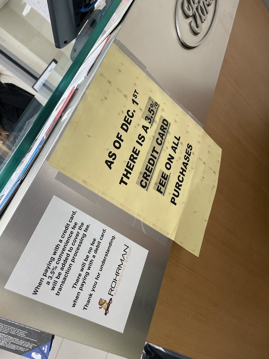 Christiana Shoushtari Corvin, MD MPH (@cshoush) on Twitter photo Are you kidding me <a href="/Ford/">Ford Motor Company</a>!! You’re now passing in 3.5% #creditcard #surcharge to #consumers?!
No thanks.
Been customer for 7 yrs keeping up w all recommended maintenance = $$$
Bye bye. Going somewhere else.
We needs % limits like other states do. Are you kidding me <a href="/Ford/">Ford Motor Company</a>!! You’re now passing in 3.5% #creditcard #surcharge to #consumers?!
No thanks.
Been customer for 7 yrs keeping up w all recommended maintenance = $$$
Bye bye. Going somewhere else.
We needs % limits like other states do.