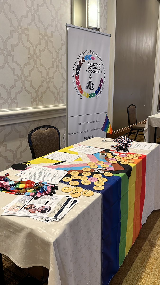 James_Tierney's tweet photo. Last chance to grab some swag from @LGBTQ_Econ and learn about the mentoring conference. What is the CSQIEP Mentoring Conference you ask? Well let me tell you… #ASSA2023 https://t.co/qbxBDTCl1w