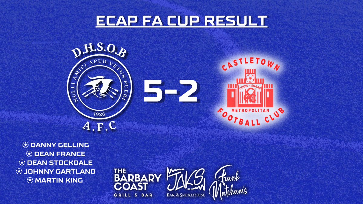 🔵 ECAP FA CUP RESULT 🔵

Todays result vs <a href="/MfcCastletown/">Castletown MFC</a> 

Brought to you by Barbary Coast Isle of Man, Frank Matcham's and Jaks Bar &amp; Smokehouse