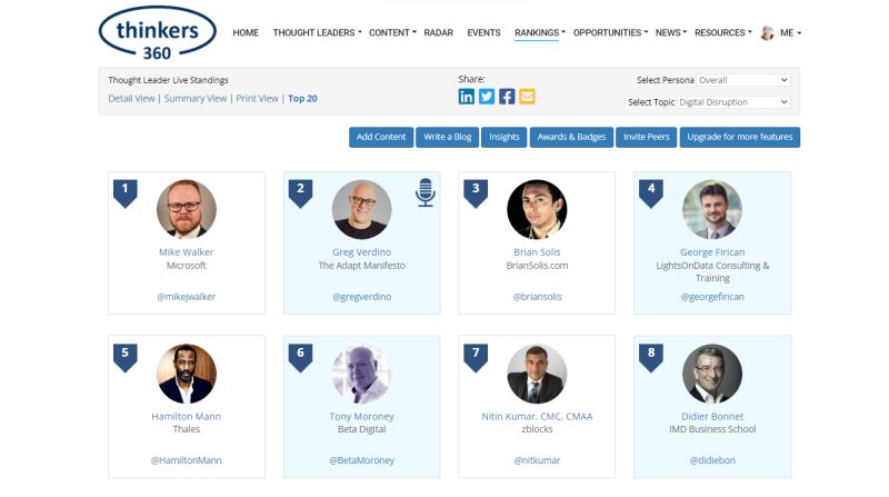 Digital Disruption Thought Leader & Influencer Leaderboard (Live) 