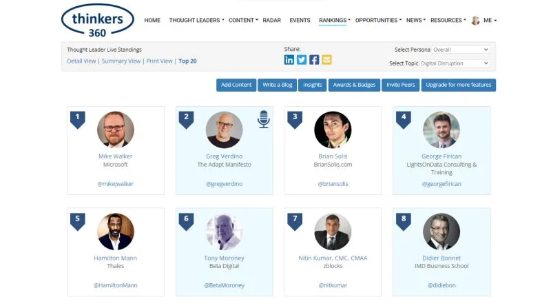 Digital Disruption Thought Leader & Influencer Leaderboard (Live) 