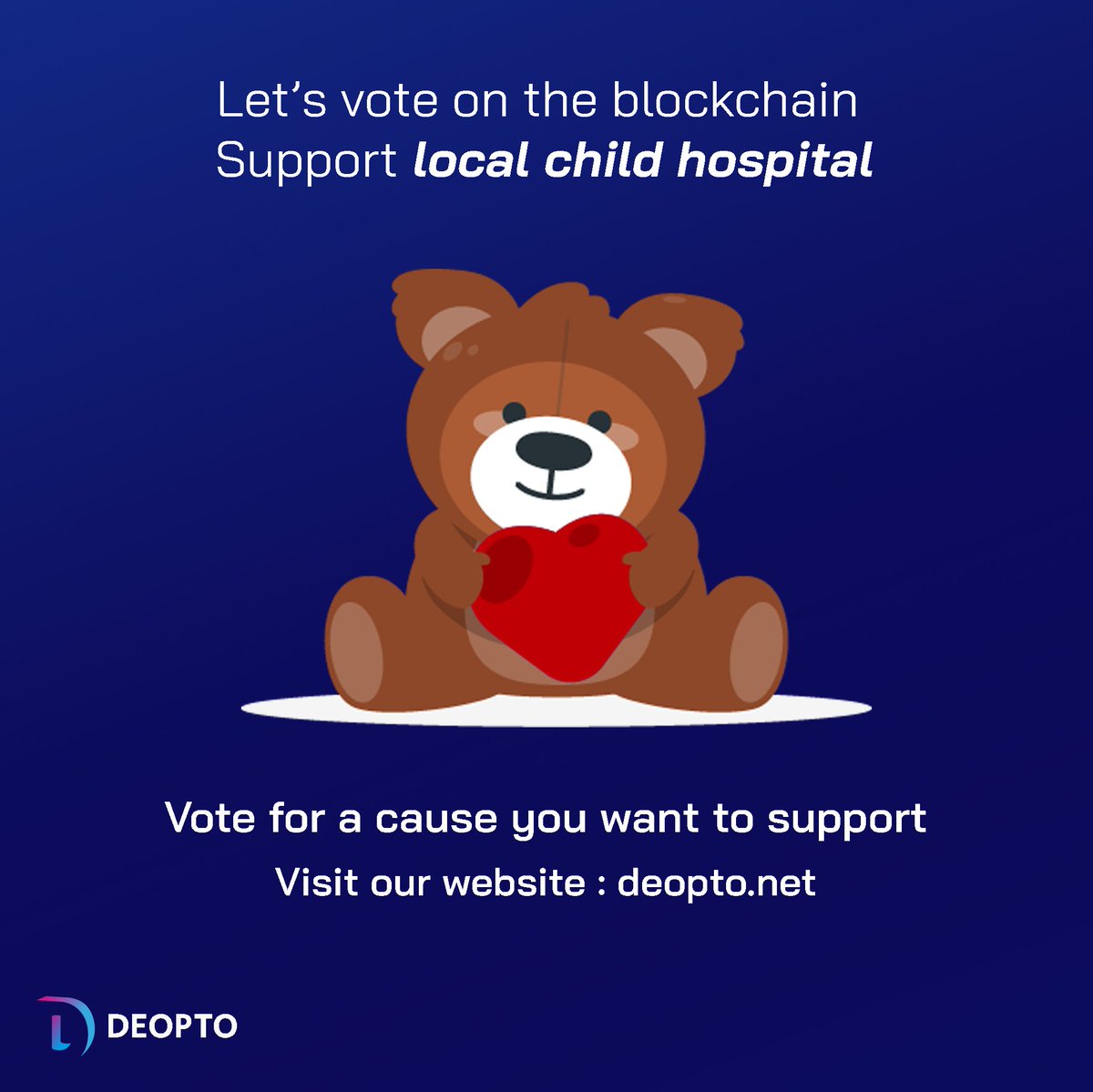 deopto's tweet photo. Introducing the third option for our first poll!

Support a child hospital.

Our main goal if this option wins to donate the amount to the Hungarian child hospital.
Head over to our site https://t.co/1PLhNGud9P and Vote.

#crypto #cryptocurrency #blockchain #bnb #binance https://t.co/9FoKNBCpAz