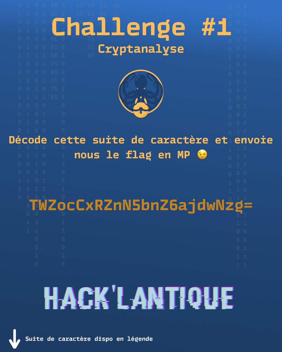 hacklantique's tweet photo. Comme sur Insta, nous vous avons préparé des petits challenges en guise d’introduction. Ces challenges sont accessibles à tous 😉 

Challenge #1 

TWZocCxRZnN5bnZ6ajdwNzg=

Décode cette suite de caractères et envoie nous le flag en MP ! 
Bonne chance ! 🐙🕵🏼 https://t.co/bFc2UHZzwL