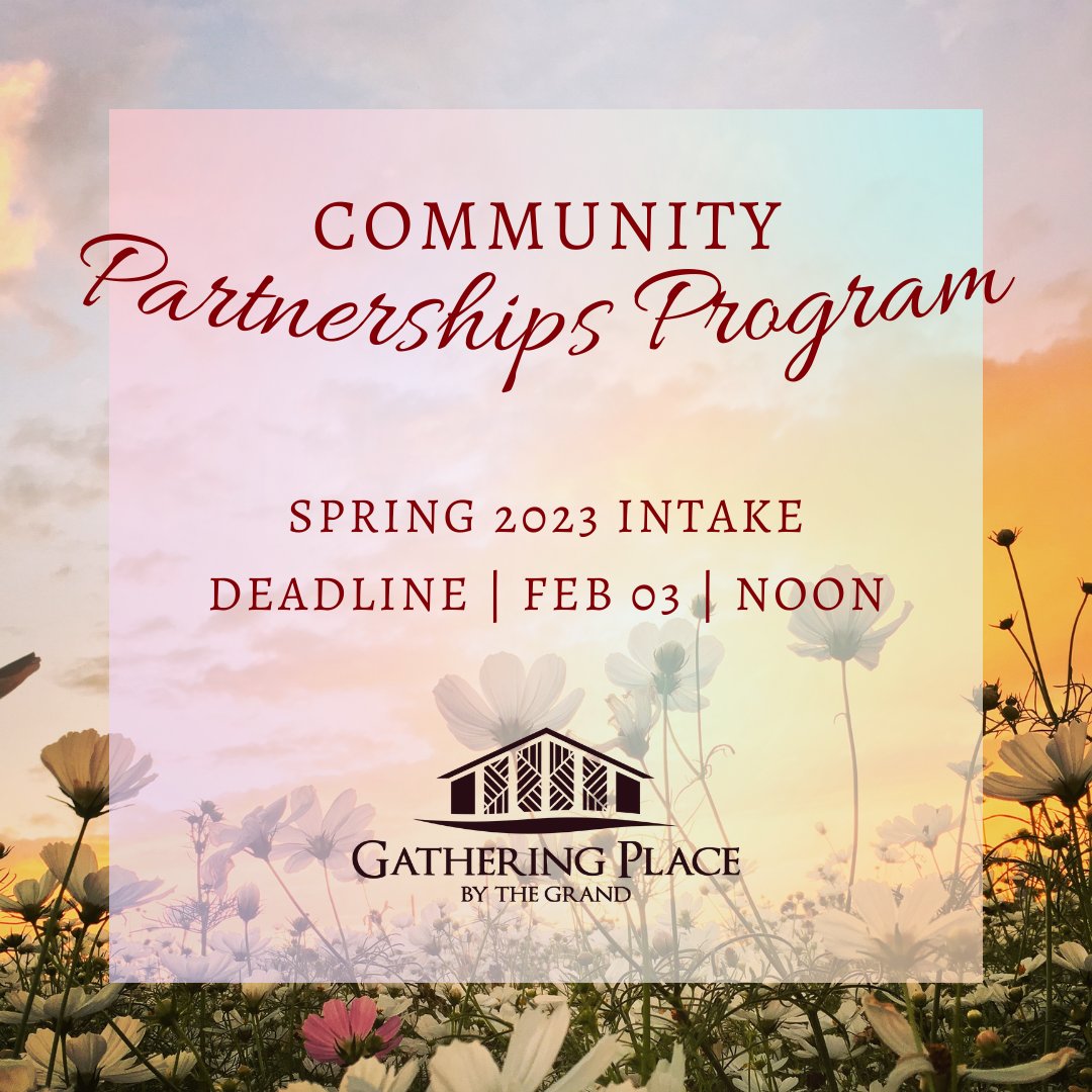 Do you have an event that is taking place between April-September 2023? 

The Community Partnerships Program at Gathering Place by the Grand may be able to help.
Go to this link: gatheringplacebythegrand.ca/cpp-spring-201… 

Deadline to apply for Spring Intake is Feb 03 | @ 12pm