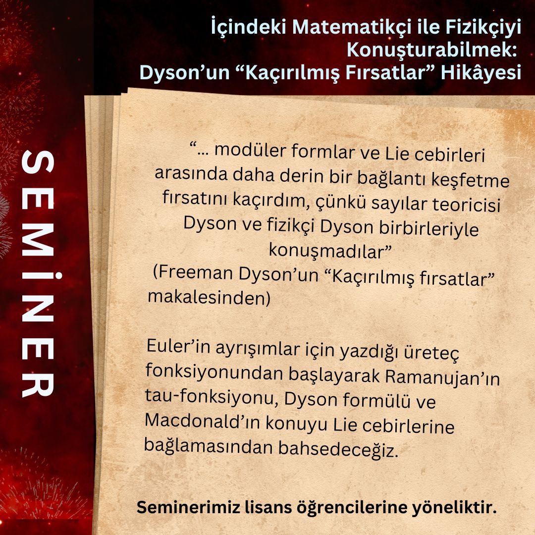 BilimlerKoyu's tweet photo. “…çünkü sayılar teoricisi Dyson ve fizikçi Dyson birbirleriyle konuşmadılar…”

Bilimler Kadıköy’de 13 Ocak Cuma günü Boğaziçi Üniversitesinden Ilmar Gahramanov(@ilmargh )’un yapacağı seminerimize bekleriz.

Kayıt için: https://t.co/MUhZA3X5eu

#bilimlerköyü
#bilimlerkadıköy https://t.co/nqqB1MV5Q4