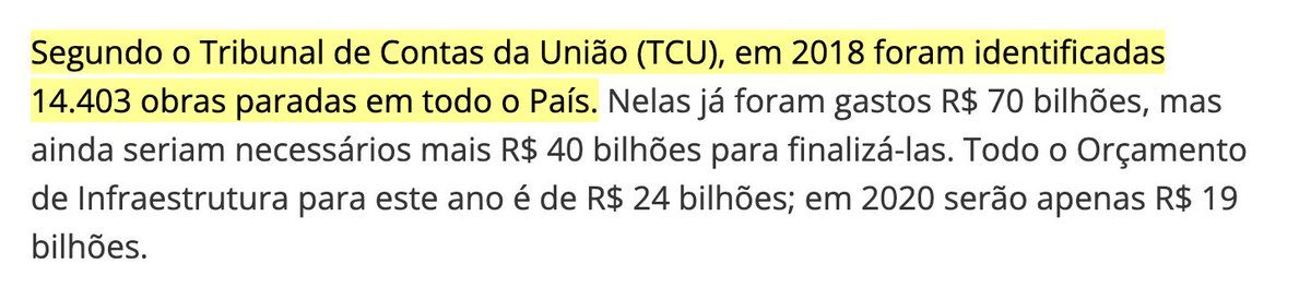 vowtz's tweet photo. Em 2018, o TCU identificou 14 mil obras paradas.

Hoje, as matérias noticiam como um demérito que o governo atual tenha recebido 8 mil obras paradas do anterior. https://t.co/nqCfKdNopS