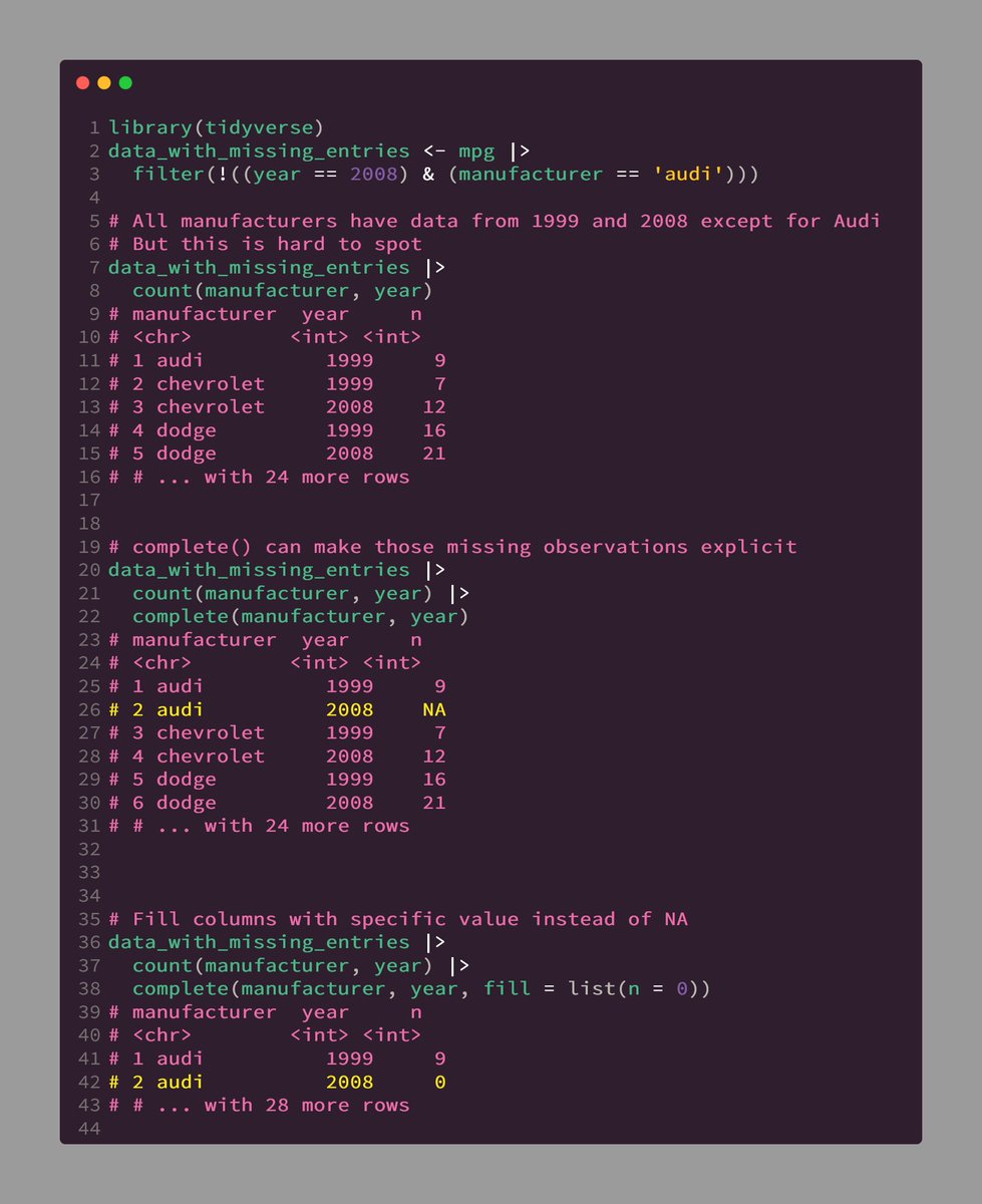 rappa753's tweet image. Missing data can be treacherous.

Especially if you&apos;re not aware that it&apos;s missing.

Thus, it&apos;s important that you make missing data explicit.

You can do that in #rstats with complete().