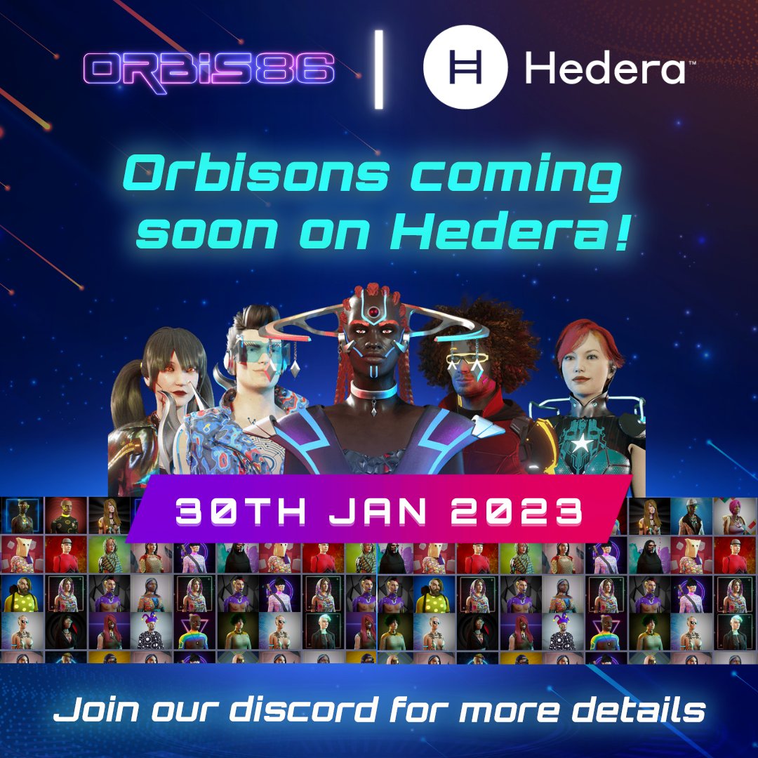 Experience the power of art and technology with #Orbis86 on #Hedera as well! Our unique #Orbisons will now be available for minting on one of the fastest blockchain networks. #Mintingsoon

Join our #discord to never miss an update: 
discord.com/invite/orbis86