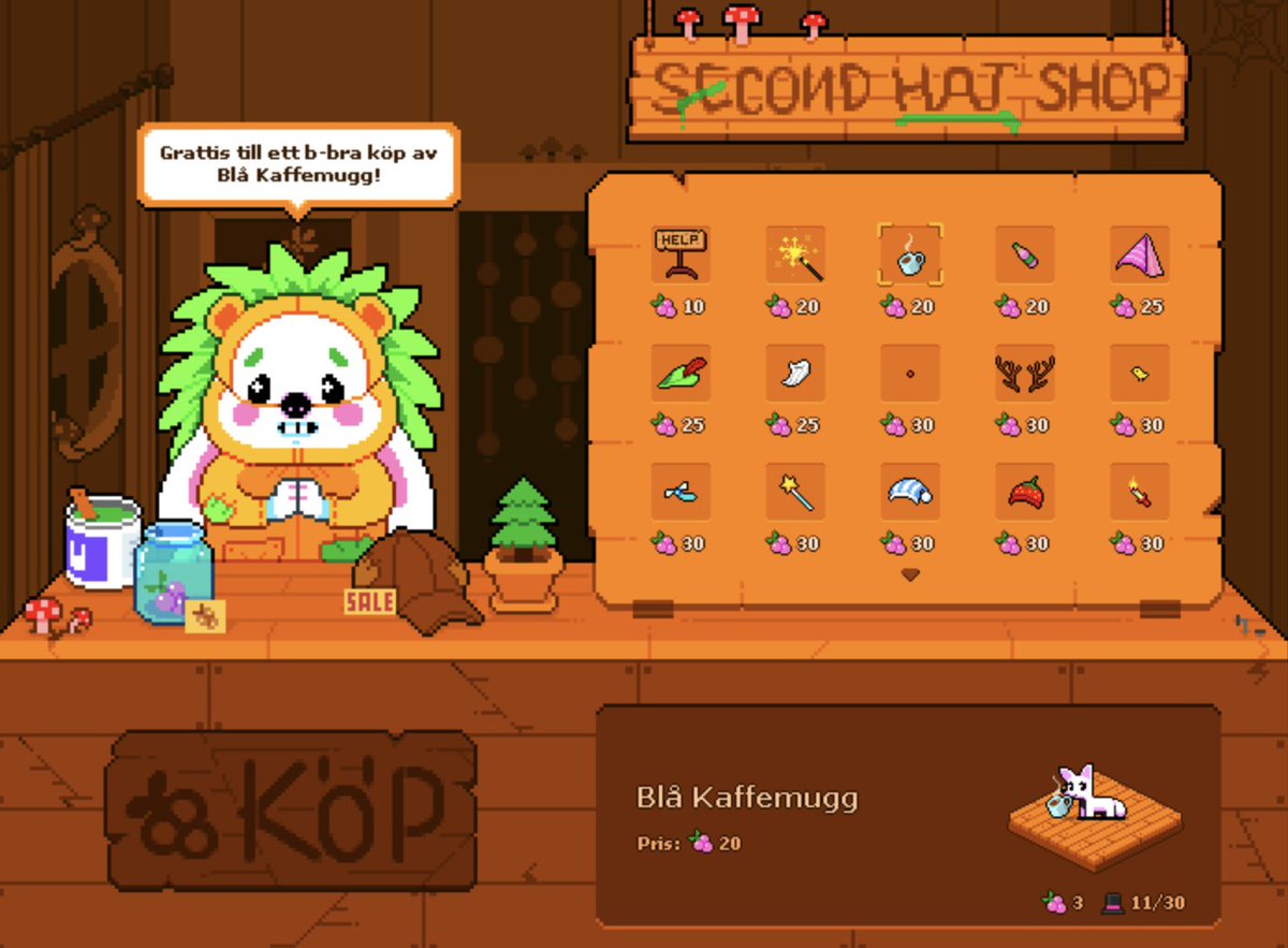 Sugar04383015's tweet photo. Jag besökte igelkotten Binny's shop och köpte mig en kaffemugg fylld med rykande hett kaffe! Det finns mycket fina hattar till salu.. @Ravlyan #rävlyan #pixelspel #pixelart #foxgame #indiegame https://t.co/Y0wAoOB9AZ