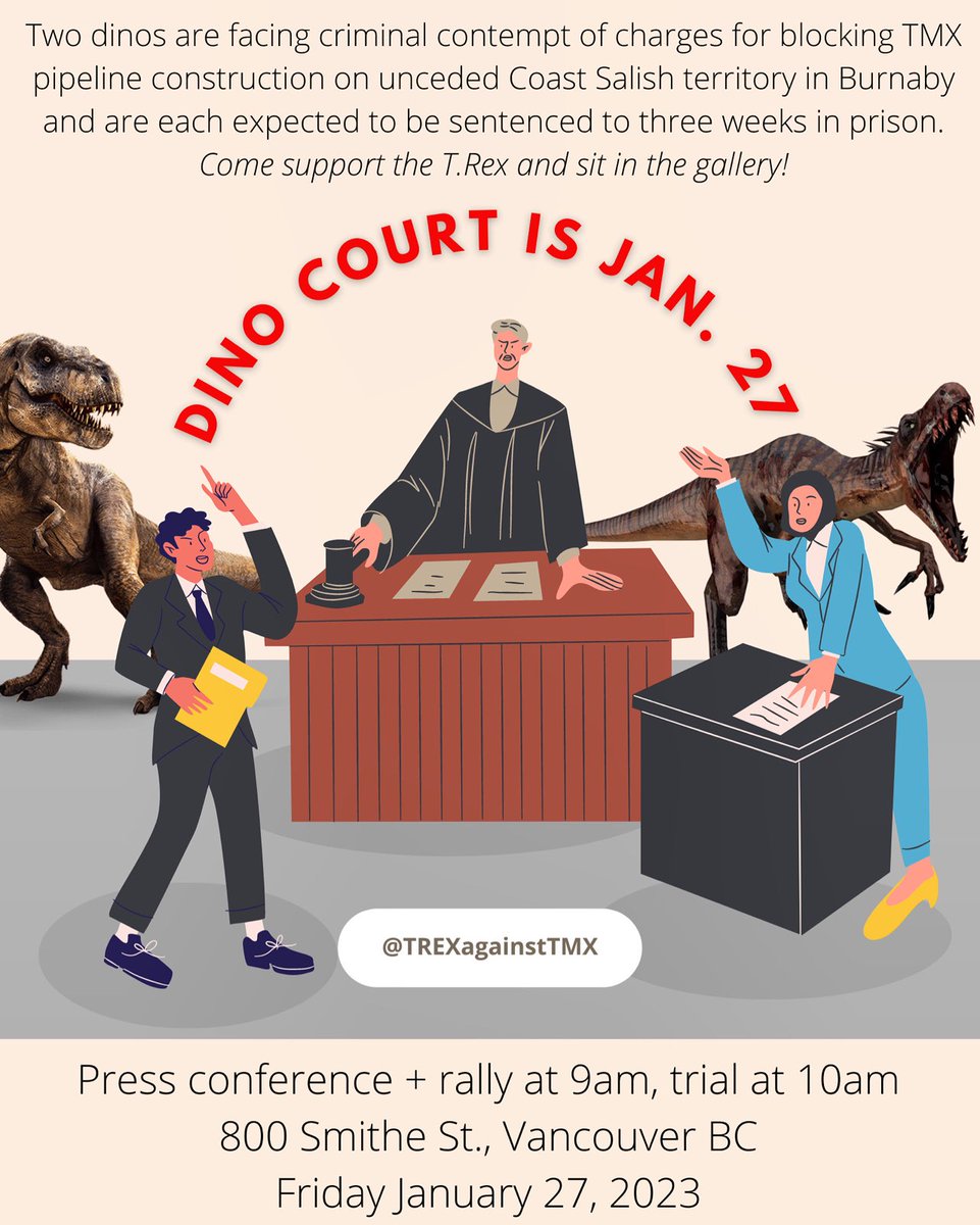 A cartoon graphic of two dinos in court. Text info as per the tweet. Tone is how ridiculous it is to charge two dinos for protesting environmental destruction of a pipeline. 