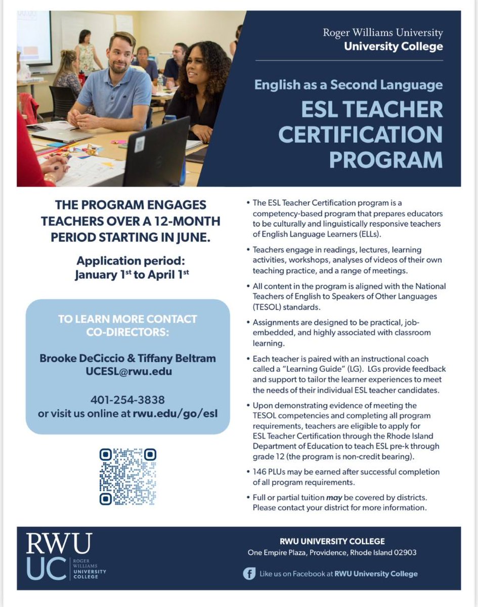 Are you interested in getting ESL certified?! Check out our website to learn more about the RWU ESL Teacher Certification Program. rwu.edu/uc/offerings/p… 
<a href="/Mrs_DeCiccio/">Brooke DeCiccio</a> @rwuuc