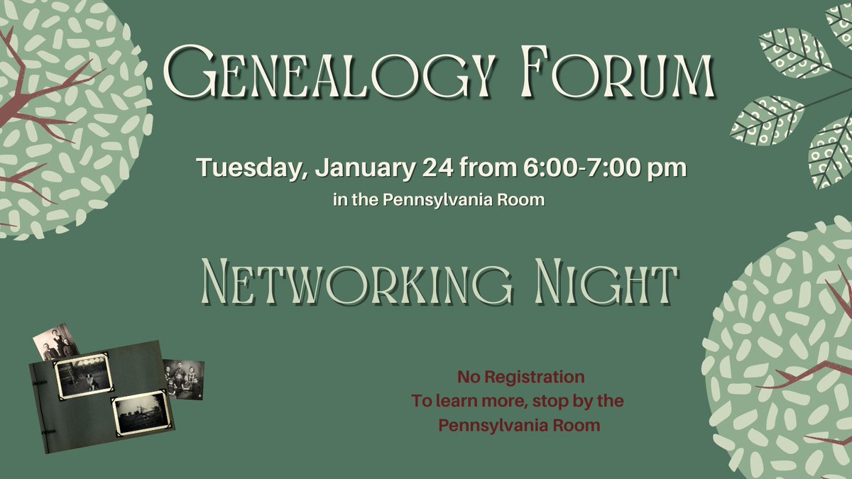 Join us Tues, Jan 4 at 6PM for Genealogy Forum Networking Night. All experience levels welcome, come learn more about the group and genealogy. Help shape future Forum topics.
Genealogy Forum is free and open to the public. No registration needed.
#Genealogy