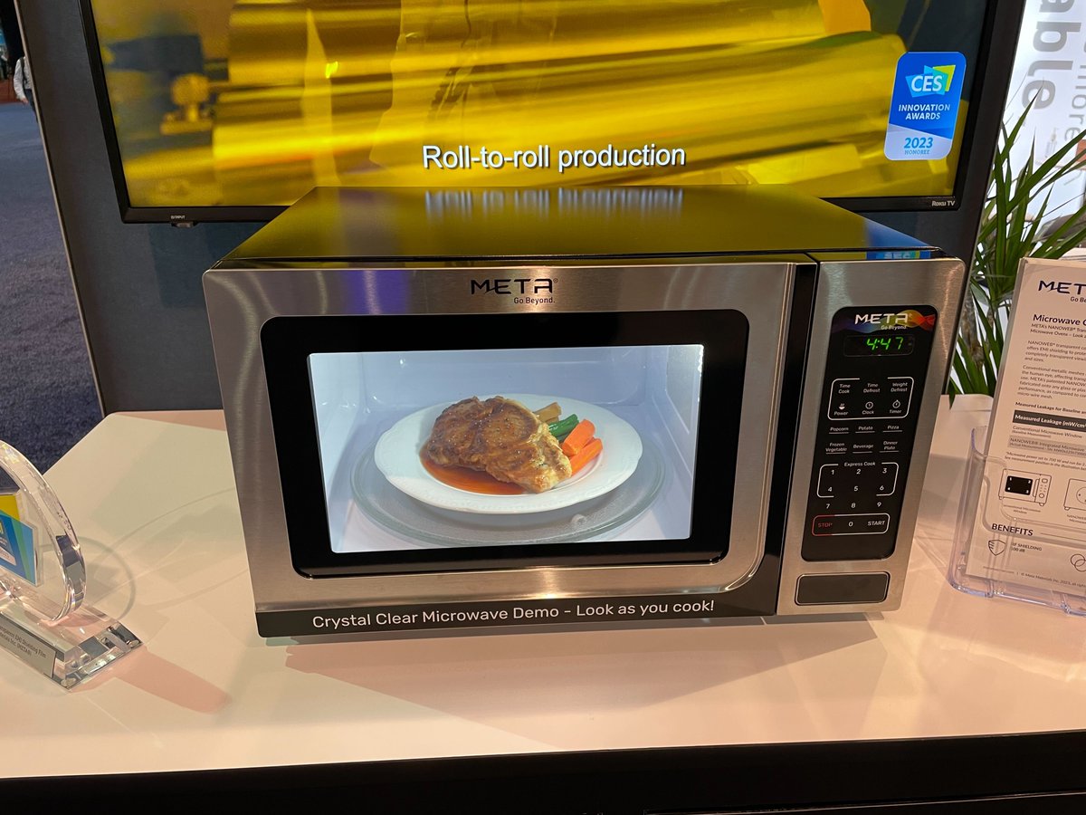 BenchmarkXPRT's tweet photo. One of the joys of #CES2023 is seeing innovative solutions to problems that you’ve never even considered. At first glance, this microwave seems normal, but NANOWEB conductive film from @Metamaterialtec enables a totally transparent window for monitoring your food.
#NANOWEB https://t.co/pRbXMZ9HNz