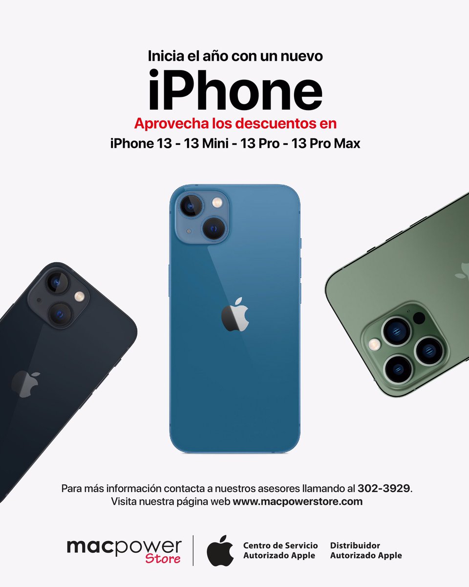macpowerpma's tweet photo. Aprovecha los descuentos que tenemos en los modelos de iPhone 13, 13 Mini, 13 Pro y 13 Pro Max.

¡Te esperamos!

Contáctanos enviando un correo a recepcion@macpowerpanama.com llama al 3023929 o escríbenos a nuestra línea de WhatsApp 6450-6049.
#SienteLaExperiencia #MacPowerStore https://t.co/uFfqewXXlH