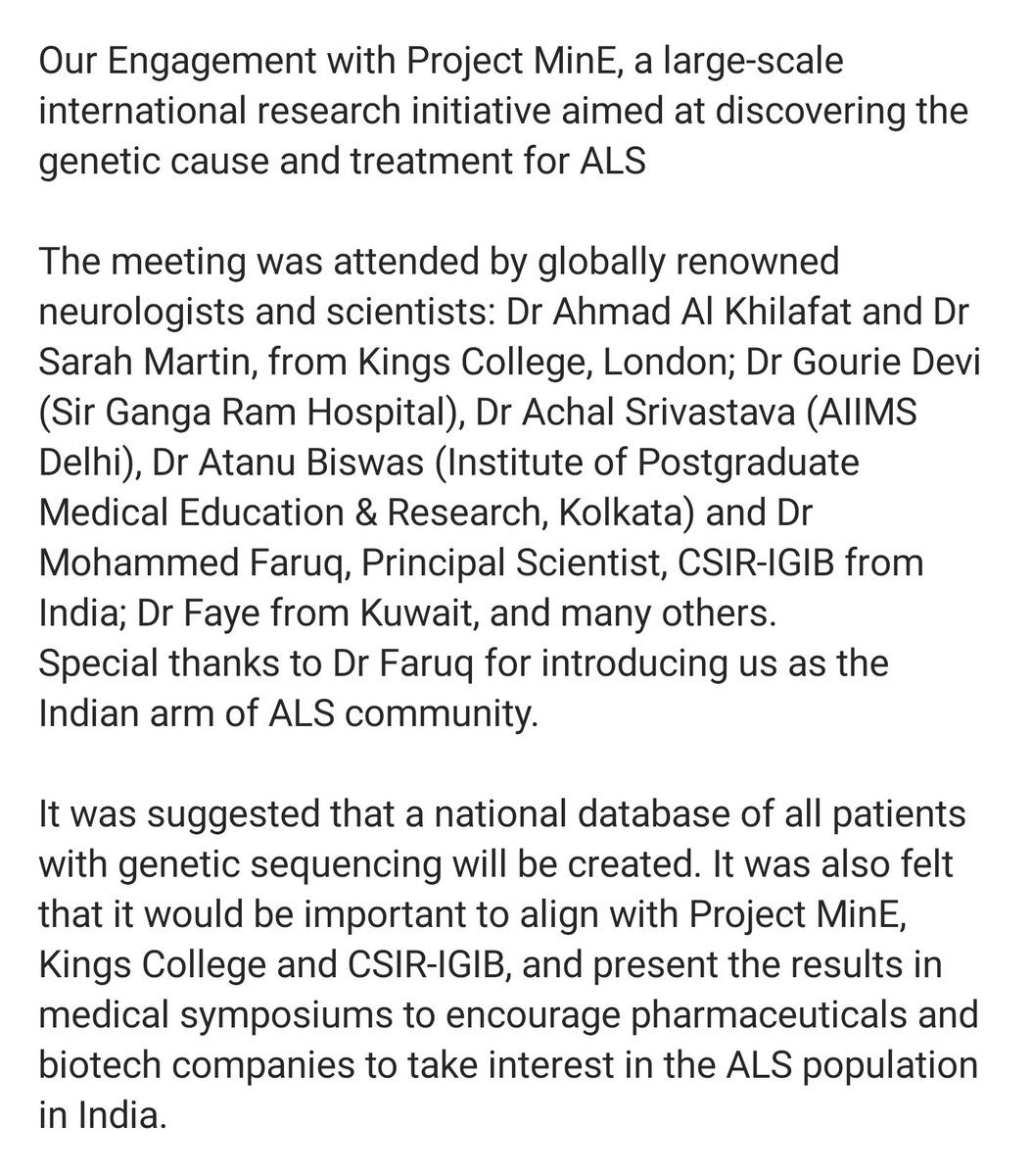 alscasindia's tweet photo. Reflections: Year 2022
Our engagement with project @_Makeityours resulted in suggestion of creation for a national database of all patients in INDIA with
genetic sequencing
#als #MND #clinicaltrials #neurology #genetics #EverythingALS #raredisease #ALSCareAndSupport #iamals https://t.co/b7j9LvkHUZ