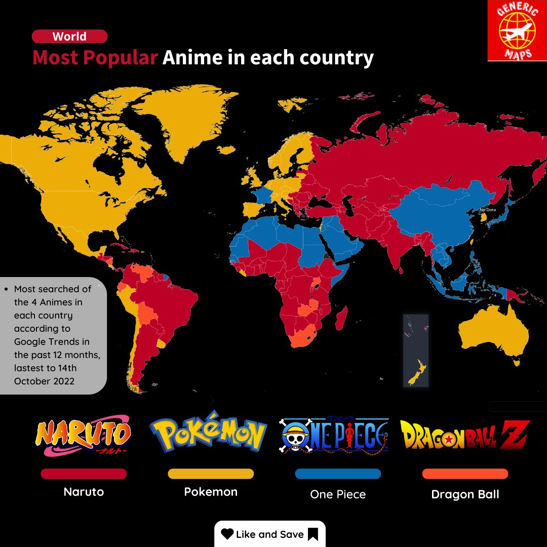 Medianimes's tweet photo. 🌐 INFO - Voici un graphique nous montrant l'anime le plus populaire dans chaque pays du monde : 

(Entre One Piece, Pokemon, Naruto et Dragon Ball Z) https://t.co/ZdM1GMgMJp