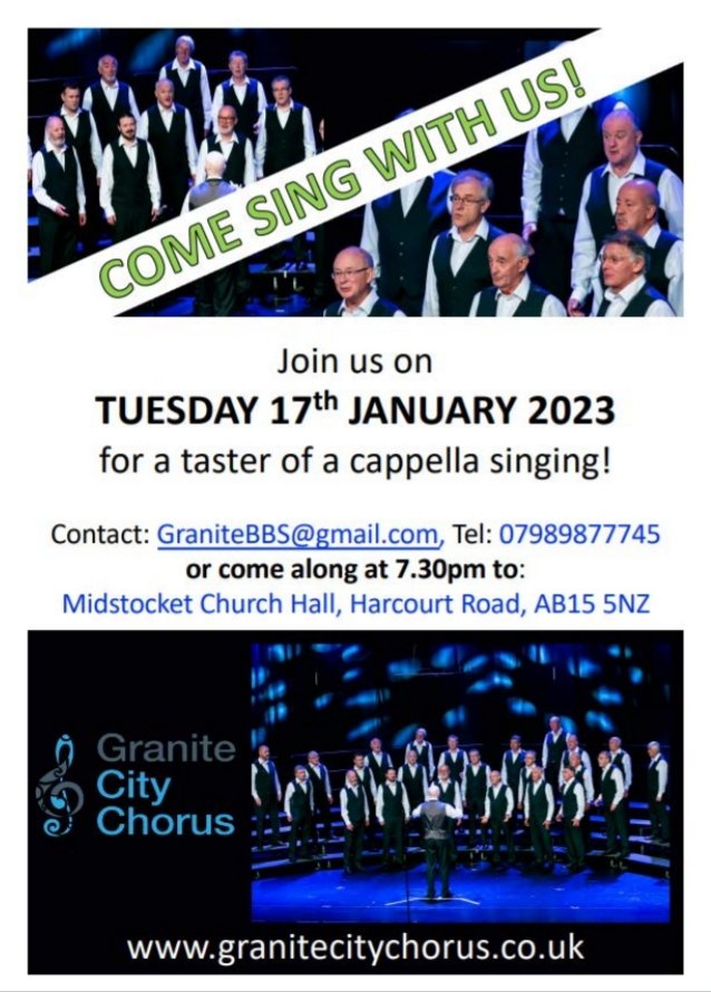 Looking to do something different in 2023? 🤔 Singing can benefit physical health, mental wellbeing...and it's great FUN! Give it a go with Aberdeen's award winning male voice a capella choir Granite City Chorus. 

Details👇 or contact GraniteBBS@gmail.com