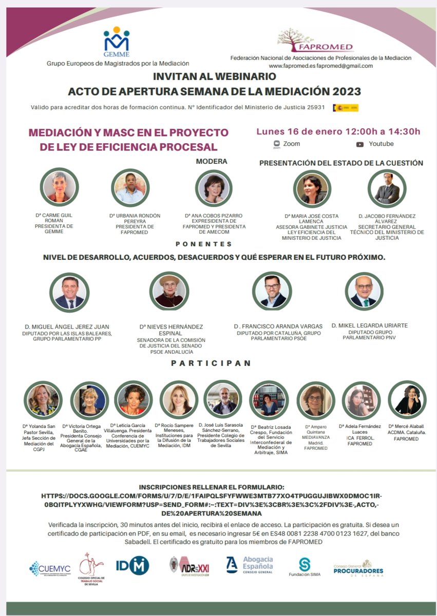 forms.gle/8GuJ4H6gnMPEGs…
Cartel informativo y link de inscripción al Acto de apertura de la semana de la mediación