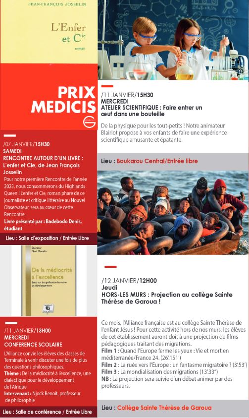 AfGaroua's tweet photo. 🎯 L’année 2023 démarre sur les chapeaux de roues à l’Alliance 🥳
Notre programme du mois de janvier vous réserve de belles surprises : Exposition, animations autour du livre, Nuit des Idées, animations pour enfants… 
Consultez notre programmation et rendez-vous dans nos murs ⤵️ https://t.co/miqxbr0PB1