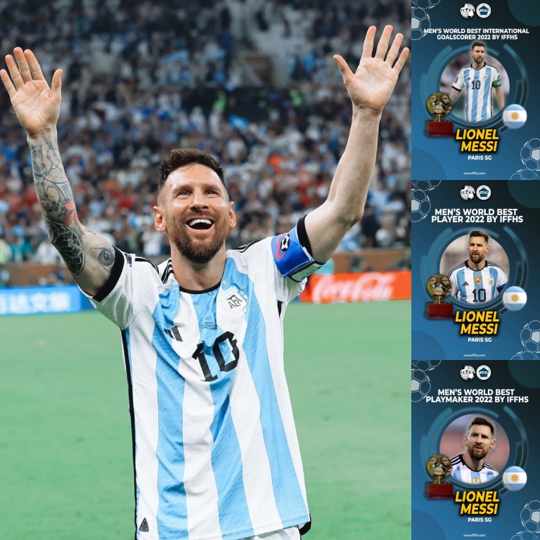 ➔ Mejor goleador internacional del 2022 según la IFFHS: Messi.
➔ Mejor constructor de juego del 2022 según la IFFHS: Messi.
➔ Mejor futbolista del mundo en el 2022 según la IFFHS: Messi.

Mejor goleador, mejor playmaker y mejor futbolista.

Todo con 35 años.

EL MÁS GRANDE.