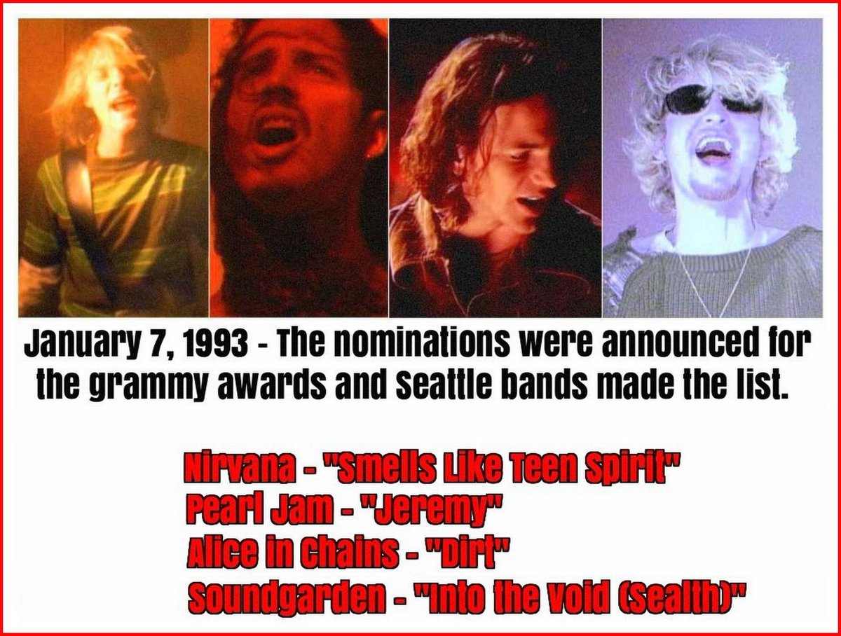 TheGrungeScene's tweet photo. January 7, 1993 – The nominations were announced for the Grammy awards -  Nirvana, Soundgarden, Pearl Jam, and Alice In Chains were all nominated https://t.co/cFtYWaoAVo