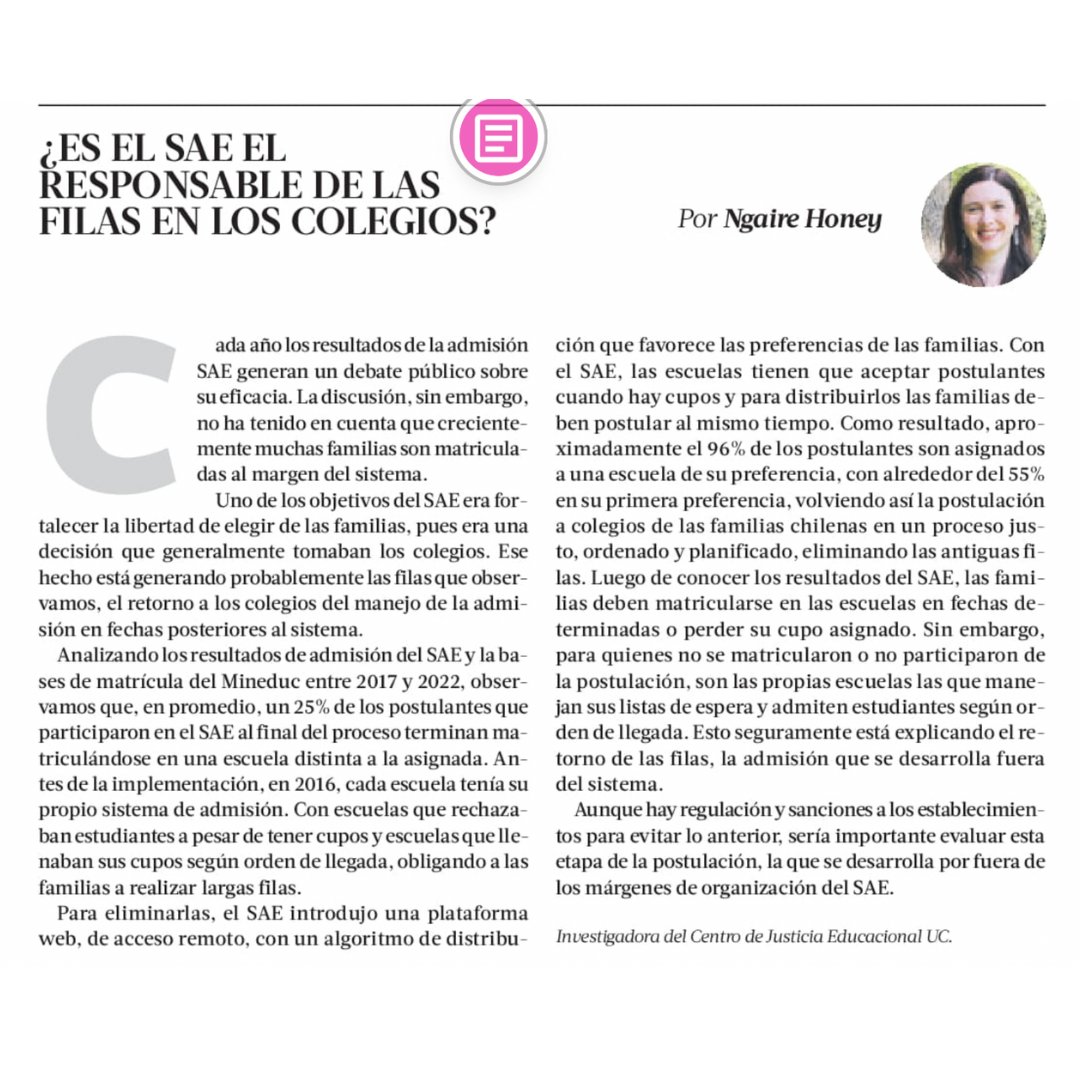 justiciaeduc's tweet photo. 📰 Revisa hoy en @latercera, la columna de nuestra investigadora Ngaire Honey ¿Es el SAE el responsable de las filas en los colegios? 🏫

Encuéntrala aquí: https://t.co/DDzxus4ry5 🔗

#Educación #SAE #Opinión https://t.co/irtWXNbSIt