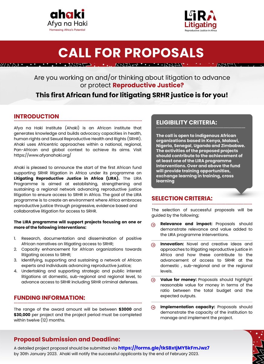afyanahakiug's tweet photo. Are you working to advance reproductive justice in Africa through research, capacity enhancement or litigation?
This first African fund under the Litigating Reproductive Justice (LIRA) Programme is for you!

View details via> https://t.co/lFL0AzubcK https://t.co/IyIgcQKGNH