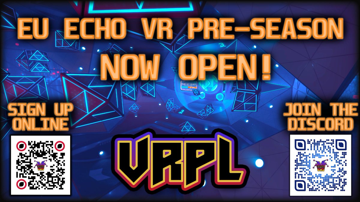 Hey everybody! VRPL is now opening their EU region Echo VR Pre-Season!!! Even if you aren't in the region yourself, let your EU friends know so they can join!

Register below on the site and join the discord!    

Website: vrpartyleague.com/game/Echo%20Ar…
Discord: discord.com/invite/xwzK9WBx