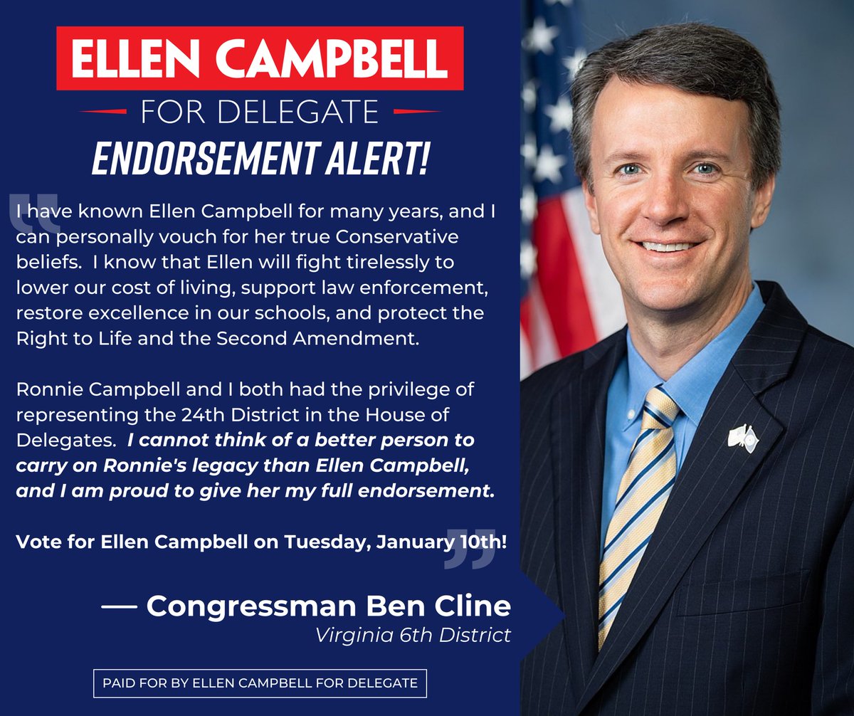 Thank you <a href="/RepBenCline/">Congressman Ben Cline</a> for your kind endorsement! Rep. Cline has been a zealous advocate for the 24th District and the 6th Congressional District for 20+ years — I am very grateful for his support!

Only 3 days left until the election! Be sure to vote on Tuesday! #TeamCampbell