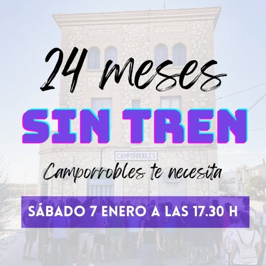ManuSalutIV's tweet photo. #7gener a #Camporrobles CONCENTRACIÓ
Acudeix a les 17.30⏰ a la estacio 🚉 Camporrobles
Ja fa 24 MESOS que ens han llevat el TREN, 2 anys SENSE línea
Volem 🚞 #Utiel_Cuenca_Aranjuez
#VolemTREN
#QueremosTREN
#LluitaPerTrenIClima
#LuchaPorTrenYClima
@queremostrenYA
@inmaalemany https://t.co/GPqveG2IGi