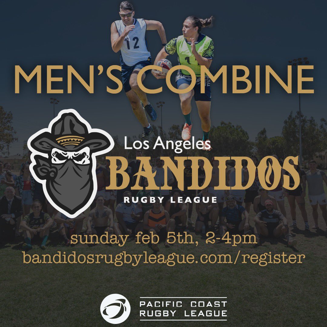 Excited to announce our upcoming Men’s Combine!! Location to be announced. We encourage anybody interested in playing league to come out and join us for a great day! No experience needed. Bandidosrugbyleague.com/register <a href="/PacificCoastRL/">Pacific Coast Rugby League</a> <a href="/la_mongrel/">Los Angeles Mongrel Rugby League</a> <a href="/SD_Barracudas/">San Diego Barracudas Rugby League</a> <a href="/DeadRugby/">Dead Pelican Rugby</a>