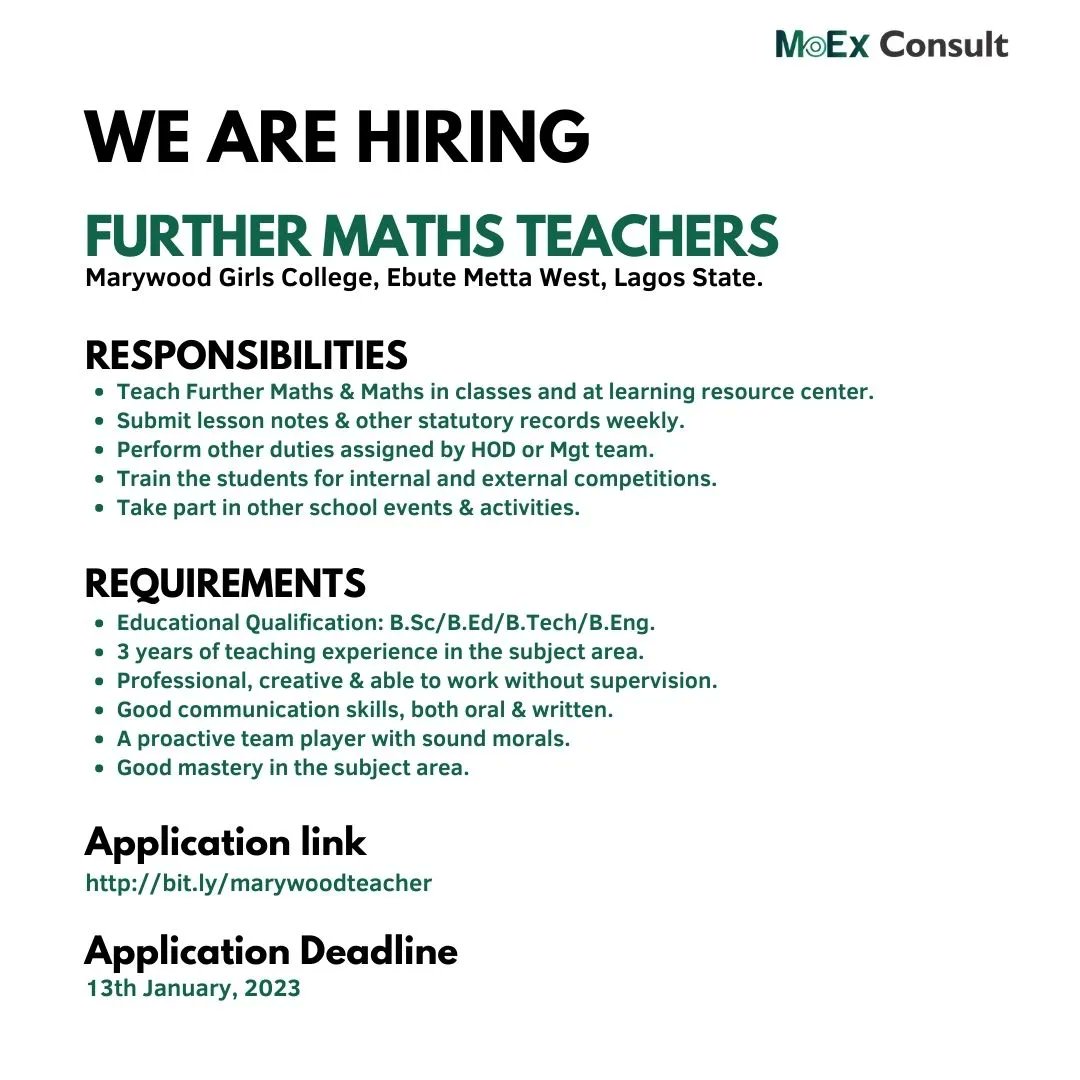Mosunomotunde's tweet photo. We are hiring

Farm Manager(Komu Oke-Ogun, Oyo State)

Pre School &amp; Pry School Teachers(Akobo, badan, Oyo State)

Further Maths Teacher(Ebute Metta, Lagos State)

Share with job seekers around you, help someone who needs it
#hiring #moexconsult #staffing #recruiting #jobsearch https://t.co/vTpsDy9Q1Y