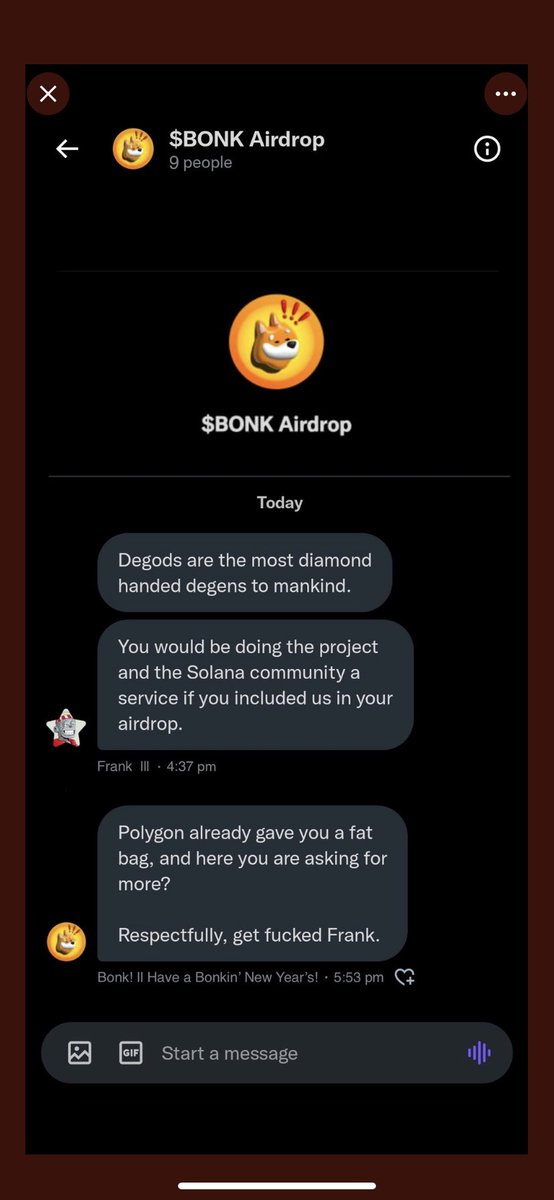 Leaked Twitter DMs showing <a href="/frankdegods/">Frank</a> asking the $BONK team to make he’s collection eligible for future airdrops.

Should DeGods be eligible for a $BONK airdrop?
