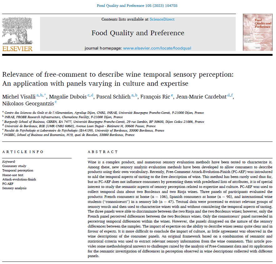doi.org/10.1016/j.food…
Free-comment with French and Spanish consumers of different wine expertise to describe Bordeaux and Rioja wines. Data analyzed by mr-CA and available in doi.org/10.1016/j.dib.…