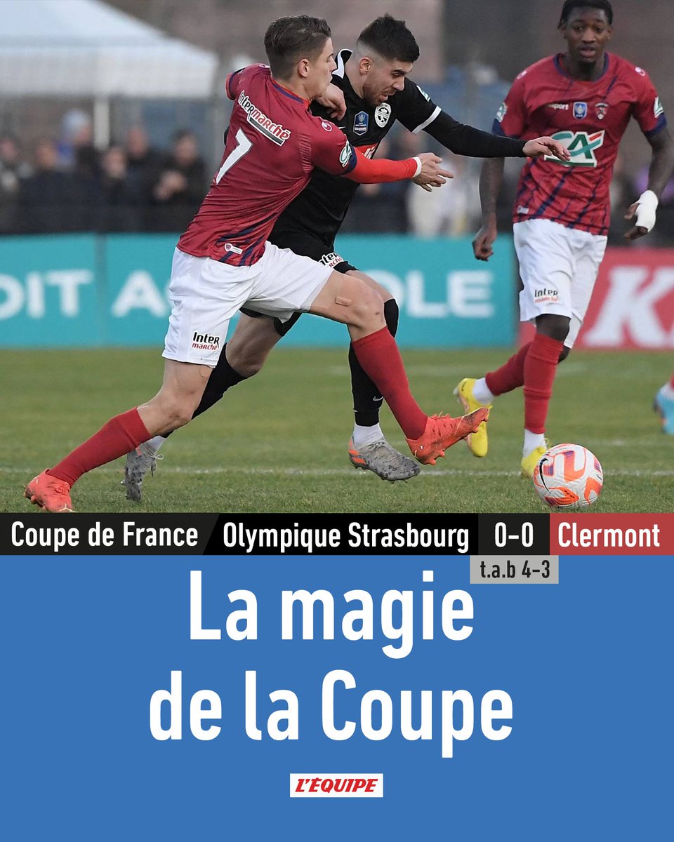 lequipe's tweet photo. Les amateurs de l'Olympique Strasbourg (R1) ont réalisé l'exploit ce samedi en 32es de finale de la Coupe de France en sortant Clermont (0-0, 4-3 t.a.b.). https://t.co/PlxHKODlXh #FCOSKCF63 https://t.co/6SZReuaRU5