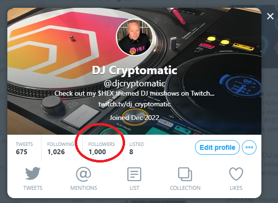 djcryptomatic's tweet photo. Wow, back to 1000 in only 3 weeks. Thanks for all the love and the re-follows after my old account was nuked, still dont even know why. But it is what is is, lets move on with this new situation.

Thanks again #Hexicans !!!

#Pulsechain #Pulsex $HEX

https://t.co/OARHOJbBNX https://t.co/TMS1WE99C7