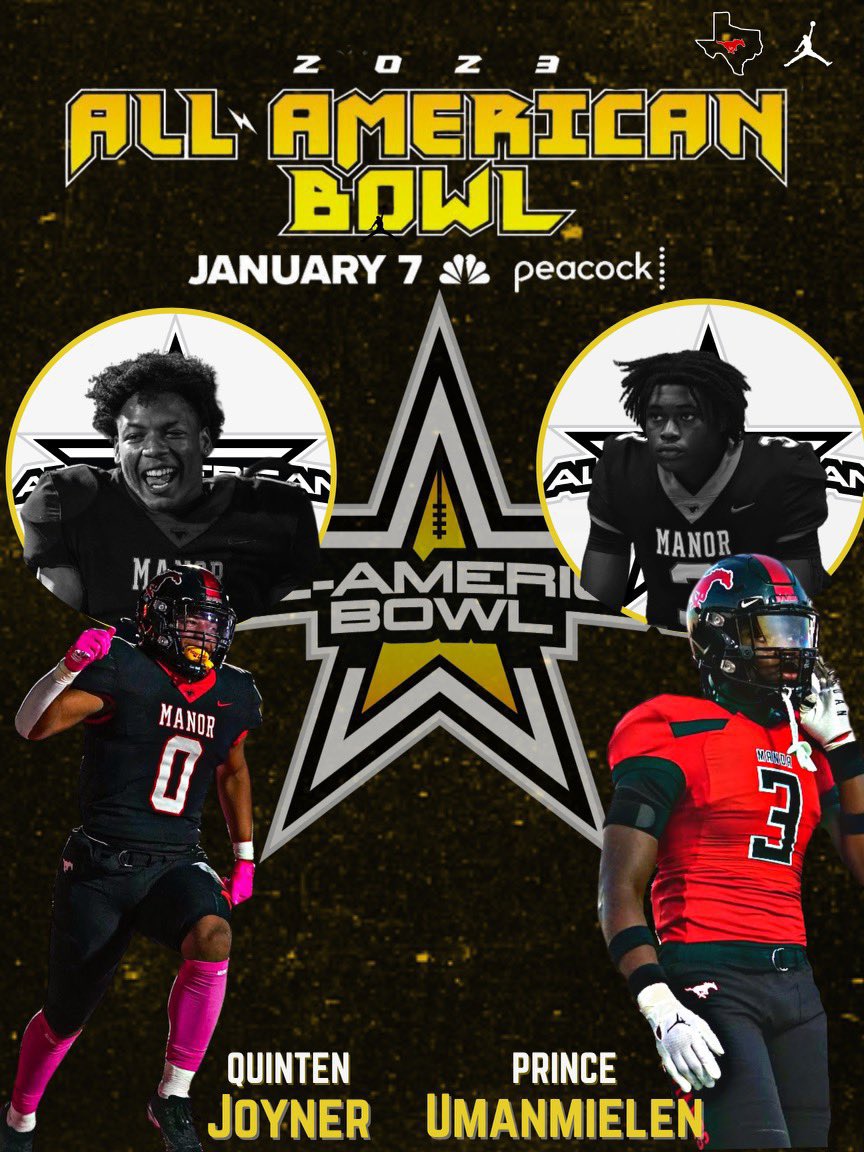 Tune in to NBC at noon to watch #0 RB @QuintenJoyner and #32 DL @hoodiiewill represent Manor, TX on Team West in the 2023 All-American Bowl! #AllAmericanBowl #theG23ATESTshow #WAMM