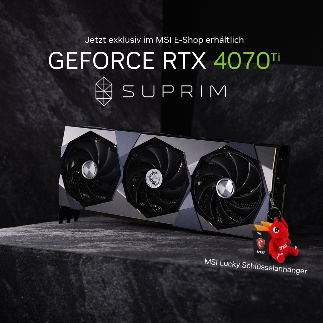 msigaming_de's tweet photo. Starke Grafik und auch noch Lucky inklusive?
Die MSI GeForce RTX 4070Ti SUPRIM ist exklusiv im MSI E-Shop 
samt einem Lucky Schlüsselanhänger erhältlich!

Mehr dazu hier 👉️ https://t.co/tqAjeO9VtB

@NVIDIAGeForceDE

#4070ti https://t.co/abUZHhVaIc