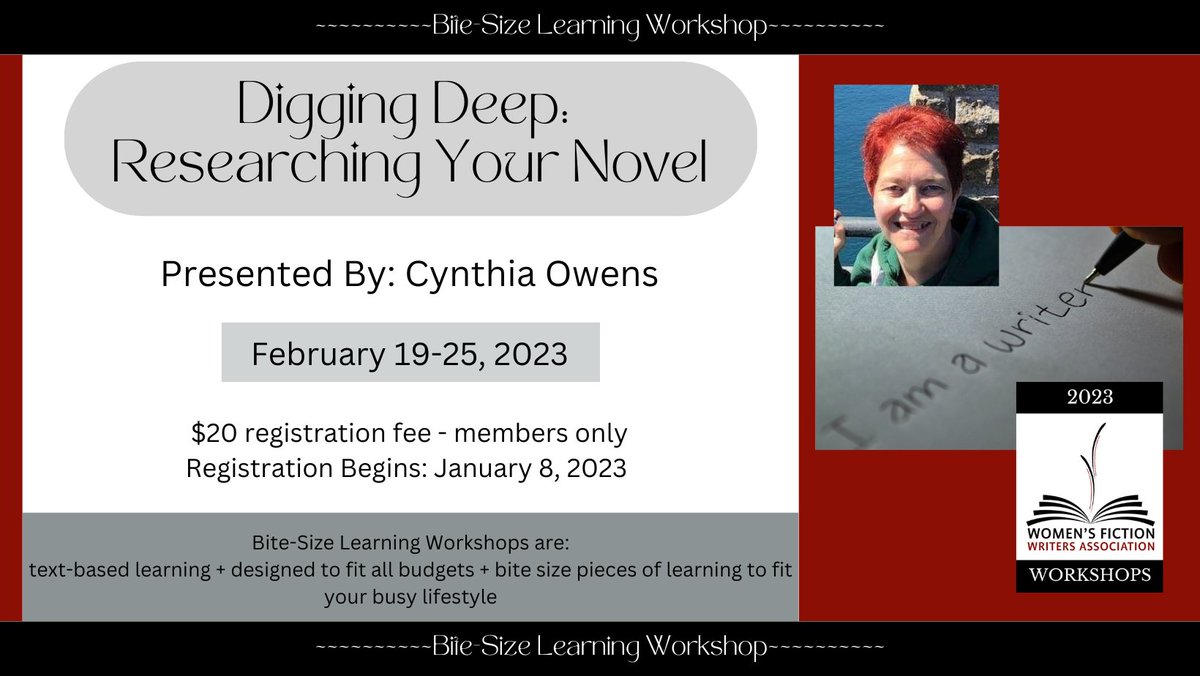 WF_Writers's tweet image. Digging Deep: Researching Your Novel Workshop with Cynthia Owens

Registration Dates: January 8, 2023 to February 16, 2023

Workshop Date: February 19-25, 2023

Registration Fee: $20

Registration opens tomorrow.

Learn More via the link in our bio.

#workshop #workshops2023