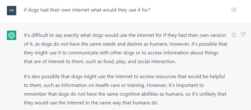 shaunlawson's tweet photo. #ChatGPT has a pretty good grasp of the #doginternet https://t.co/33fgiNMeJf