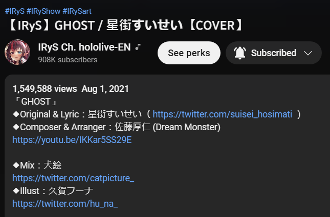 oveRayster's tweet photo. Sorry I'm late.
Congratulations on both reaching 1.5M views!!! 🥳🎉🎉
All your songs and MVs are my favorites, #IRyS 💖😉
#HereComesHope #Ghost
【MV】HERE COMES HOPE -IRyS【Original Song】 https://t.co/pYgNBYaN9n
【IRyS】GHOST / 星街すいせい【COVER】 https://t.co/yYaPq3Hk0j https://t.co/ArAx3qk5oP