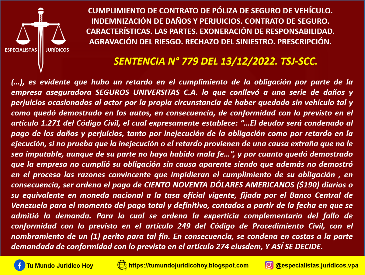 Furiamax's tweet photo. Sentencia N° 779 del 13/12/2022. TSJ-SCC. Cumplimiento de Contrato de Póliza de Seguro de vehículo. Indemnización de Daños y Perjuicios. Contrato de Seguro. Características. Las Partes. Exoneración de Responsabilidad. Agravación del Riesgo. Rechazo del Siniestro. Prescripción. https://t.co/0uIT9cRxXR