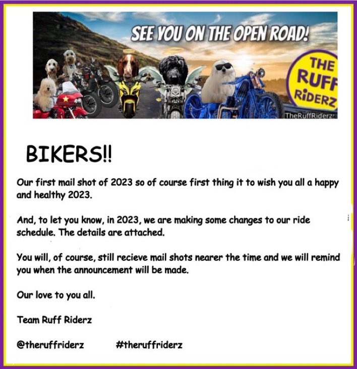 Hey everyone!  I have some NEWS!!! We have a schedule for this year's rides with #theruffriderz!  I'll see you on the open road!