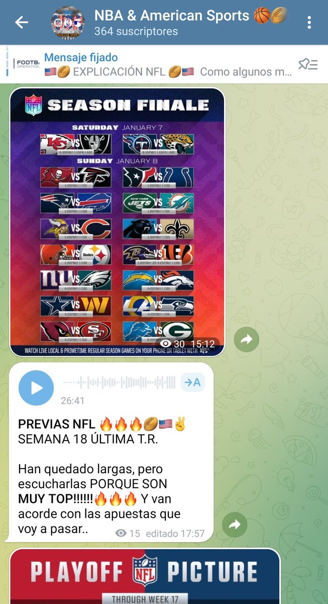 NBAandUSASports's tweet photo. Ya tenemos en el canal de telegram publicadas las previas y pronósticos de la JORNADA 18 de la NFL ! 🏉 🇺🇸🔥
#NFL #DamarHamlin #apuestas #Bet365 #fútbolamericano #previas #pronósticos #quiniela #quinielafútbol #temporadaregular #KCChiefs #bengals #bills #jaguars #Buccaneers https://t.co/wL35MQc8Ep