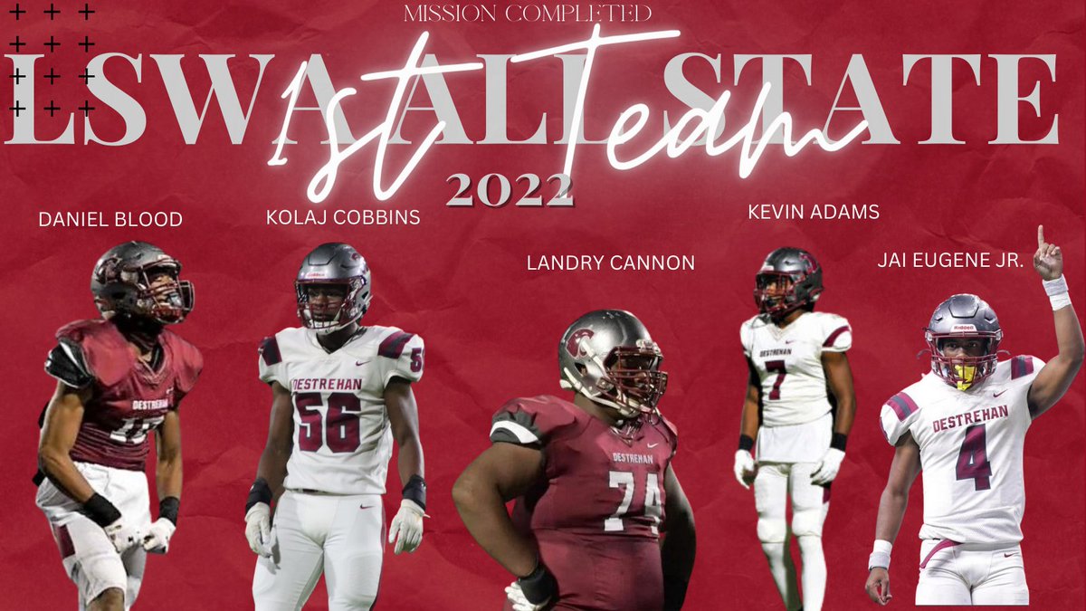 CONGRATULATIONS TO THE FOLLOWING FIGHTING WILDCATS FOR BEING NAMED LSWA 1ST TEAM ALL STATE. @DBlood10_ <a href="/Tut_Kolaj56/">☆Kolaj “Tut” Cobbins☆</a> <a href="/CannonLandry/">Landry Cannon</a> <a href="/adams3_k/">Kevin Adams III</a> <a href="/JaiEugeneJr1/">Jai Eugene, Jr.</a> <a href="/coachscott20023/">Marcus Scott</a> <a href="/SCPPS/">SCPPS</a> <a href="/DHSWildcats/">Destrehan High</a> <a href="/DestrehanSports/">Destrehan High School Athletics</a>