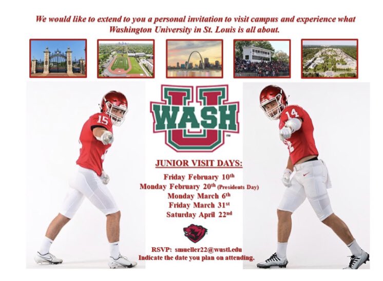 Excited for a Junior Day visit to the prestigious Washington University in St Louis!  Thanks to Coach Mueller and Coach Kindbom for the invite. <a href="/washufootball/">WashU Football</a> <a href="/MuellerFBCoach/">Scott Mueller</a> <a href="/kindboml/">Larry Kindbom</a> <a href="/TheMatt_V/">TheMatt_V</a> <a href="/COACH_PAPAS/">Nico Papas</a> <a href="/Kmine4/">Kory Minor</a> <a href="/cdmoshea/">Dan OShea</a> <a href="/CoachKFootball/">Michael Kelleher</a> <a href="/CoachKDubFB/">Coach Khalil ‘KDub’ Watson</a>