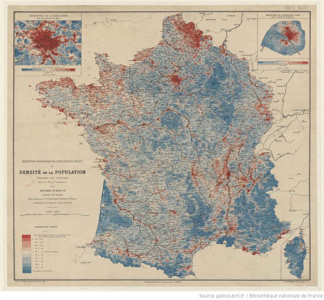 1888, donc réalisée à la main… "Répartition géographique de la population en France, ou densité de la population, commune par commune" carte isoplèthe / heatmap gallica.bnf.fr/ark:/12148/btv…