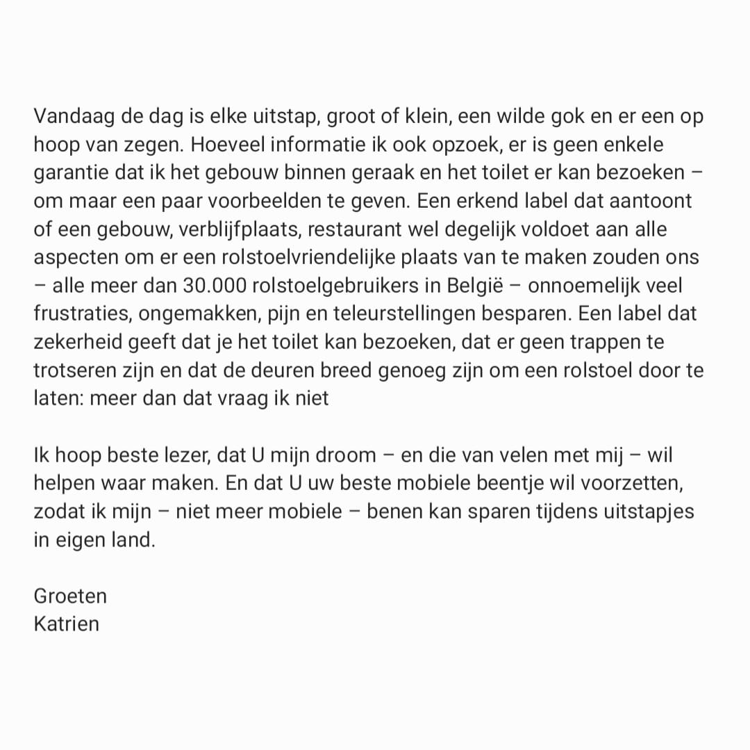 fienvrdrs's tweet photo. Lees, deel, stuur door, help mee  om een erkend label te krijgen voor rolstoeltoegankelijke gebouwen.
https://t.co/aHjHeifntS
@AverageRob @flowindey @stubru @NathanxAcid @lindemerckpoel @annaliviasm @Humo @AstridStockman @siskaschoeters @EvaTuytelaers https://t.co/WybDzpZk7H
