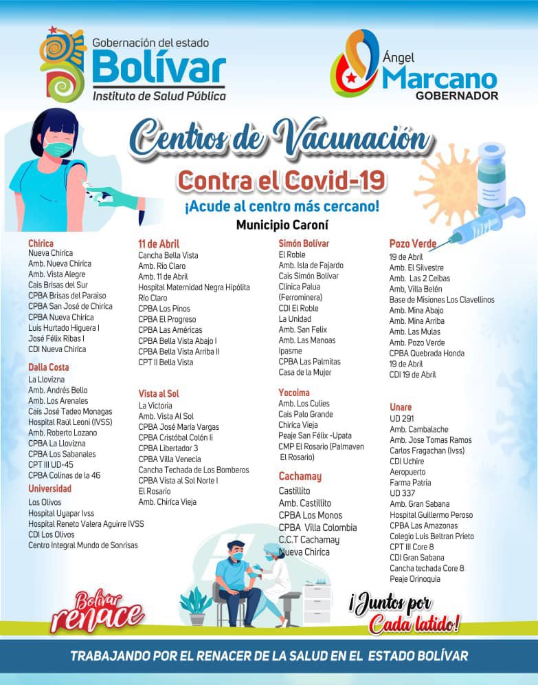 #7Enero 
📍Puntos de vacunación contra el COVID-19 💉🦠 

#RefuerzaTuVacuna #LaCovid19NoEsGripe

@NicolasMaduro
@MagaGutierrezV
@amarcanopsuv

 ⬇️ Mcpio. Caroní ⬇️

#VenezuelaProspera 
#Venezuela #JuntosPorCadaLatido